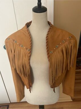 Ladies Tan Doeskin Fringe Leather Jacket with  Hand Painted Accents